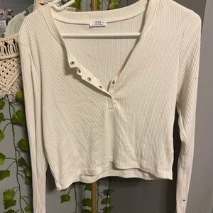 Cropped Cream Ribbed Henley Top